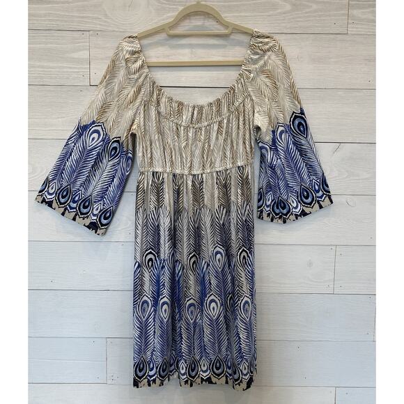 Muse X Boston Proper Dress Womens Size 12 Babydoll Blue Tan Loose Bohemian Mini - Picture 2 of 10